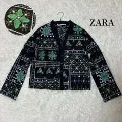 ZARA 花柄 刺繍 グリーン ブラック ジャケット 高級感