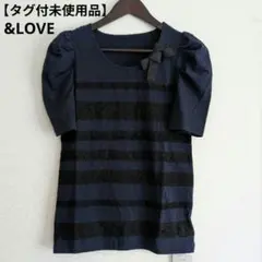 【タグ付未使用】アンドラブ パフスリーブ Tシャツ リボン レース ネイビー　Мのサムネイル