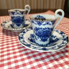 NARUMI ナルミ製陶　青い花柄　デミタスカップ・ソーサー　2客セット　金彩