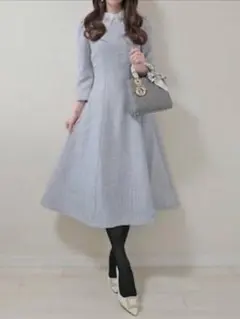 レース襟付きバックレースアップツイードワンピース