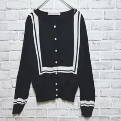 カーディガン ニット セーラーカラー風 配色 黒 白 M 韓国風 バイカラー