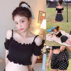 ✅ビキニ　オフショルダー　L　水着　セパレート　スカート　黒　水玉　体型カバー