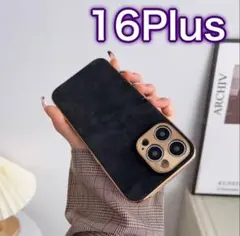 iPhone16Plus ケース ブラック 黒 カバー 韓国 レザー 高級感