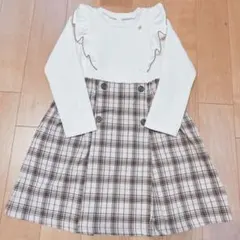 美品 アプレレクール 肩フリル チェックドッキングワンピース 120サイズ 秋冬