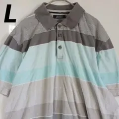 ALFANI　アルファニ　半袖ポロシャツ　ボーダー　ボタン　ブルー　グレー　L