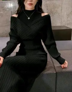 オフショルダーリブ編みニットワンピース ブラック