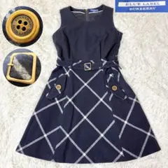 バーバリーブルーレーベル ウエストベルト ワンピース チェック ロゴ刻印ボタン