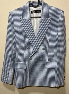 【美品】ZARA ザラ ギンガムチェック ダブルブレスト ジャケット ブルー
