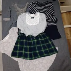 長袖ワンピース グレー ネイビー チェック四点セット