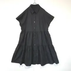 GU　ジーユー　シャツワンピース　チュニック　ティアード　半袖　綿混　黒　M
