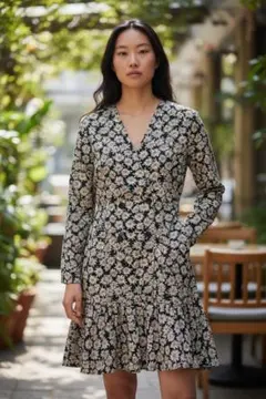 古着レトロ花柄Vネックひざ丈ワンピース/上品ヴィンテージボタン付きフラワードレス