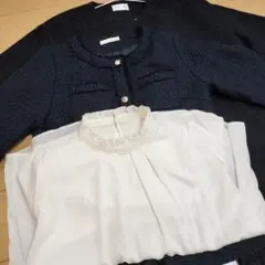 ネイビー ノーカラージャケット フリルブラウス付き　ツイードジャケット