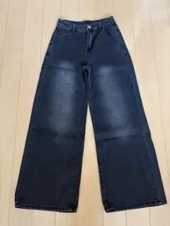 ダークグレーハイウエストワイドレッグデニムパンツ