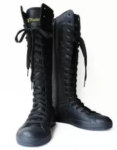ロングブーツ 編み上げ ブラック ハイカットブーツ 23.5cm 合皮レザー