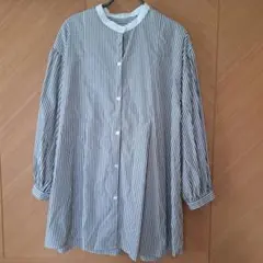 グローバル ワーク ストライプ柄　バンドカラーチュニック長袖シャツ