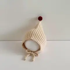 赤ちゃん 帽子 ボンネット ニット とんがり帽 ポンポン付き ベビー レッド