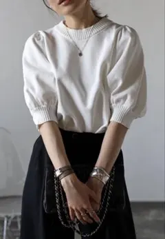 ホワイト パフスリーブ ニット トップス