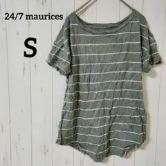24/7 maurices【S】ストライプ柄 Tシャツ オリーブグリーン 柔らか