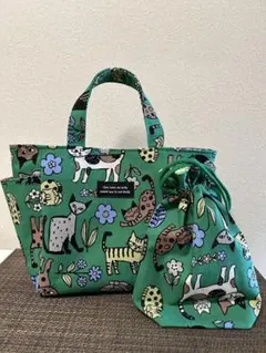 猫柄サイドポケット付きトートバッグ巾着セット