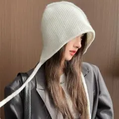 特価【ホワイト リブ編み ボンネット ニットバクラバ　ビーニー y2k 韓国