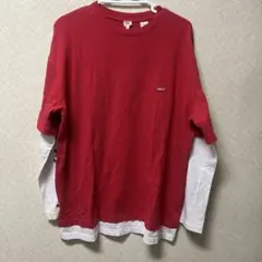 リーバイス レイヤード風 長袖Tシャツ レッド×ホワイト XS ワンポイントロゴ
