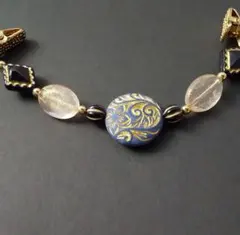 ハンドメイド エレガントな青と金のストール、ショールクリップ/羽織紐