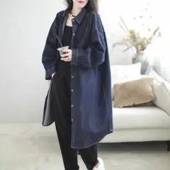 デニム シャツワンピース 長袖 レトロ 折り衿 大きいサイズ ロングコート