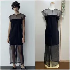 【ZARA】コンビ素材オーガンザワンピース　M