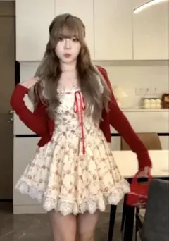 LF レッドカーディガン＆花柄キャミワンピースセット
