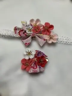 和柄ヘアバンド＆ヘアクリップセット販売(ピンク)/ひな祭り・お食い初め