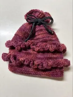 ハンドメイド 編み物 フリル付き巾着袋 約17cm x 14cm