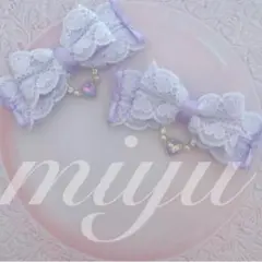 ヘアクリップ　（白ハートレース♡カラーミニリボン　紫）ロリィタ　推し活　量産型