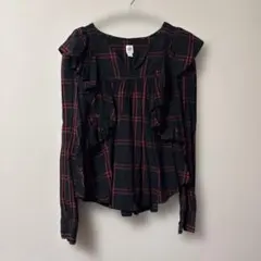 GAP チェック柄フリルブラウス 長袖 M