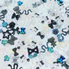 ネイルパーツまとめ売り　50個以上　モノトーン　白黒　推し活　リボン　猫