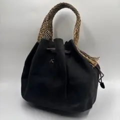 美品✨キタムラ ハンドバッグ スエード 編み込み ブラック Kロゴ金具