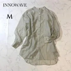 innowave イノウェーブ シャツ バンドカラー M くすみグリーン 透け感