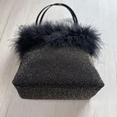 ラメ入り黒パーティーバッグ ファー付き
