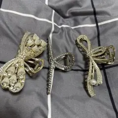 リボン型ヘアクリップセット（ゴールド・シルバー）