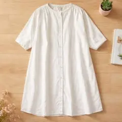 ホワイト リネン　五分袖　シャツワンピース　M〜Lサイズ