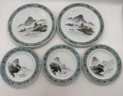 中国　1950ー1960年代　景徳鎮製　粉彩山水紋大皿小皿5点まとめ260104