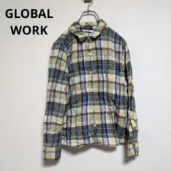グローバルワーク　シャツ　長袖　チェック　総柄　麻100%【Lサイズ】