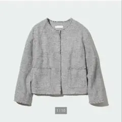 【未使用】UNIQLOノーカラーツイードジャケット グレーチェック柄