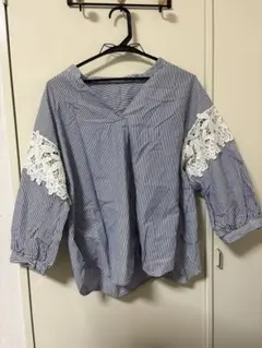 GU ストライプ 七分袖シャツ レース装飾 L