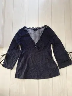 コムサイズム   フリル  リボン付き  カットソー　ドット柄