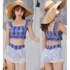 Mサイズ小胸カバー レース フリル スカート風パンツ チェック 花柄 青色