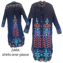 ZARA ネイビー 個性的 総柄 シャツワンピース ロングワンピース Msize