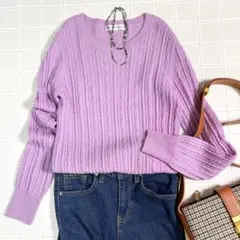 ケーブル編み カシミヤ混 クルーネックニット ラベンダー M セーター