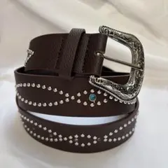 レザー スタッズ ベルト ユニセックス 古着 アメカジ Y2K ターコイズ 茶