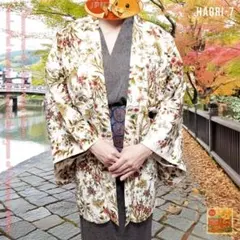 アンティーク羽織 花柄 白地×金茶×赤 和モダン 昭和レトロ ヴィンテージ着物