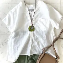 超美品 マーガレットハウエル リネンシャツ バンドカラー 白 七分袖 麻 